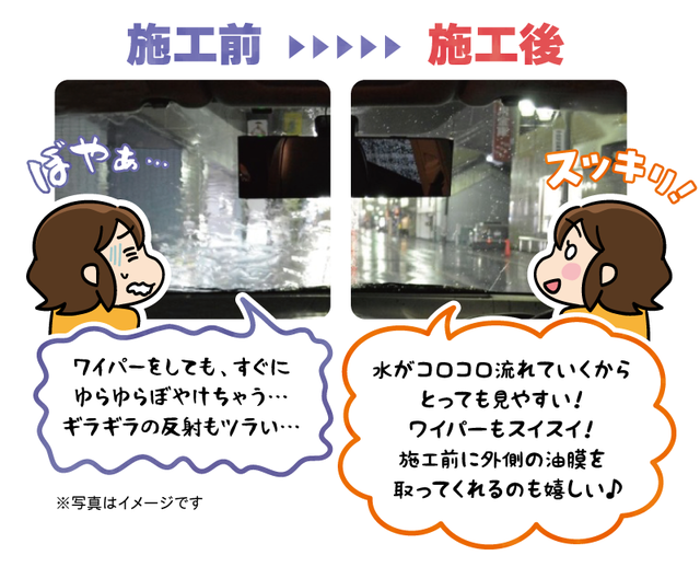 フロントガラス撥水でスッキリ視界良好！効果は半年間持続